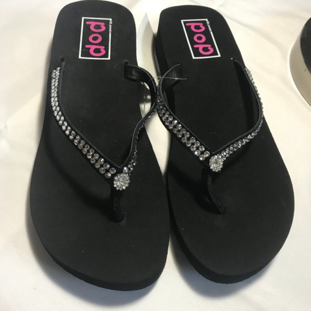 Pop black rhinestoned wedge sandals sz 9 NWT